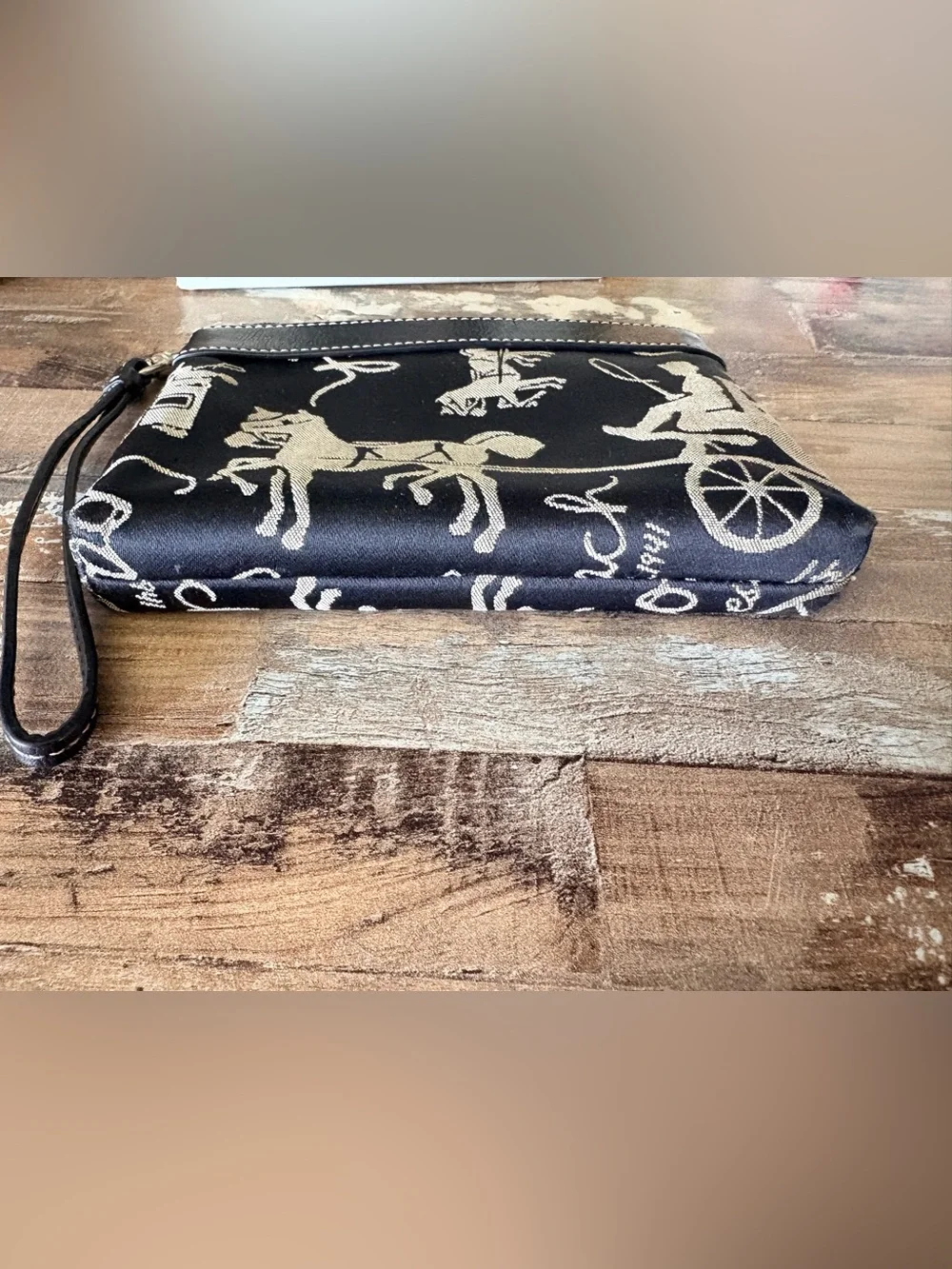 Coach Black Wristlet with Cream Signature Horse & Carriage Print